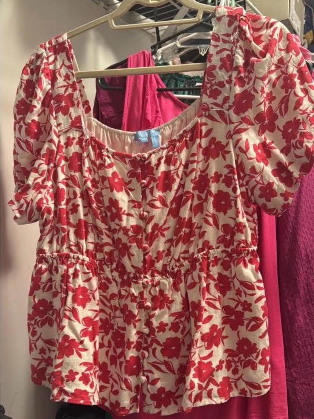 Cream Blouse with Red Floral Print